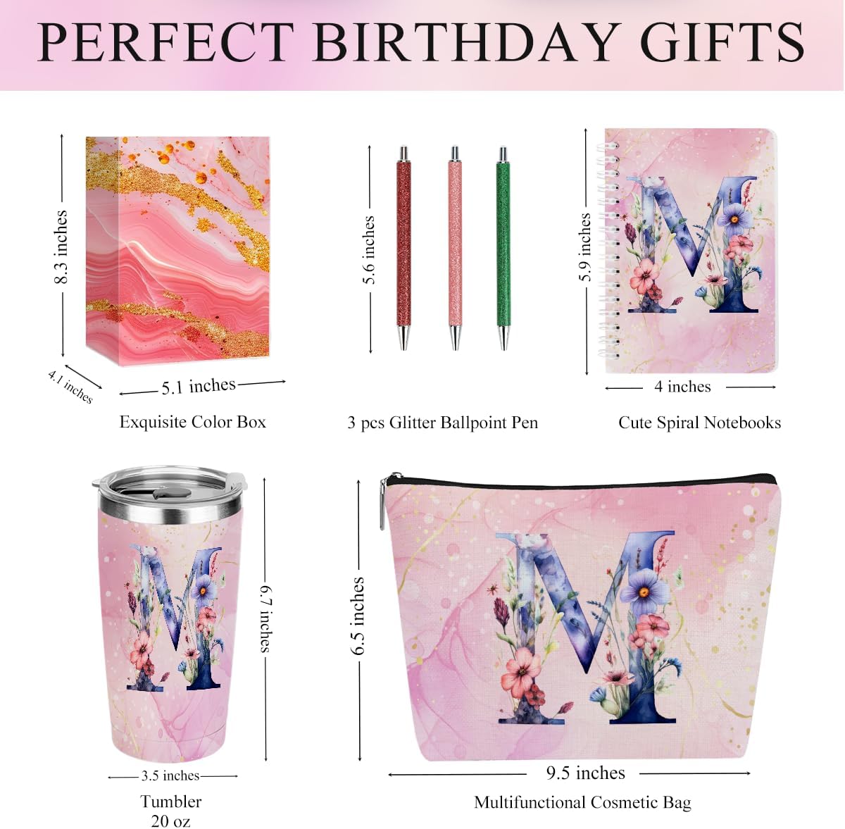 Personalized Gifts Monogrammed Birthday Gifts for Women, Cowerker Wife Sister Wedding Christmas Initial 20 oz Tumbler, Makeup Bag Cup Ballpoint Pens Journal Notebook 6 Set, (Aesthetic Green Flower C)