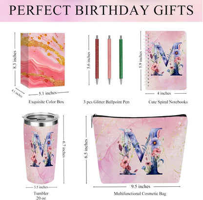 Personalized Gifts Monogrammed Birthday Gifts for Women, Cowerker Wife Sister Wedding Christmas Initial 20 oz Tumbler, Makeup Bag Cup Ballpoint Pens Journal Notebook 6 Set, (Aesthetic Green Flower C)