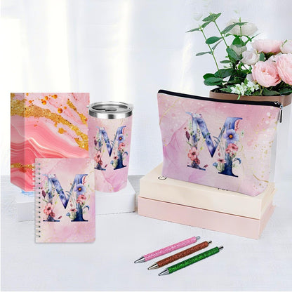 Personalized Gifts Monogrammed Birthday Gifts for Women, Cowerker Wife Sister Wedding Christmas Initial 20 oz Tumbler, Makeup Bag Cup Ballpoint Pens Journal Notebook 6 Set, (Aesthetic Green Flower C)