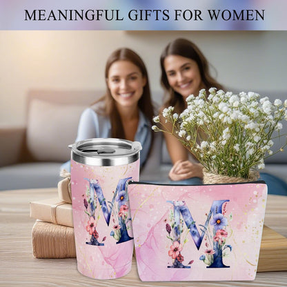 Personalized Gifts Monogrammed Birthday Gifts for Women, Cowerker Wife Sister Wedding Christmas Initial 20 oz Tumbler, Makeup Bag Cup Ballpoint Pens Journal Notebook 6 Set, (Aesthetic Green Flower C)