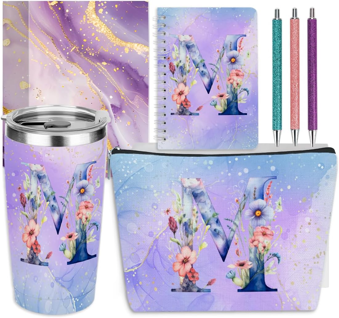 Personalized Gifts Monogrammed Birthday Gifts for Women, Cowerker Wife Sister Wedding Christmas Initial 20 oz Tumbler, Makeup Bag Cup Ballpoint Pens Journal Notebook 6 Set, (Aesthetic Green Flower C)