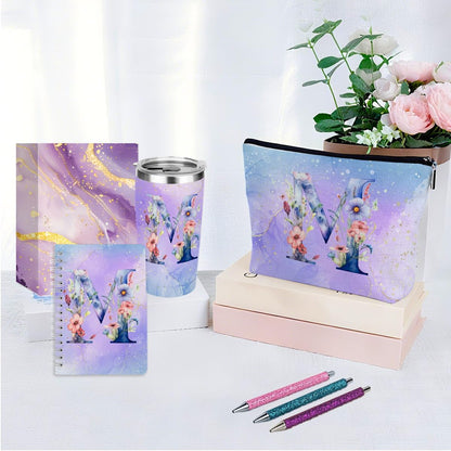 Personalized Gifts Monogrammed Birthday Gifts for Women, Cowerker Wife Sister Wedding Christmas Initial 20 oz Tumbler, Makeup Bag Cup Ballpoint Pens Journal Notebook 6 Set, (Aesthetic Green Flower C)