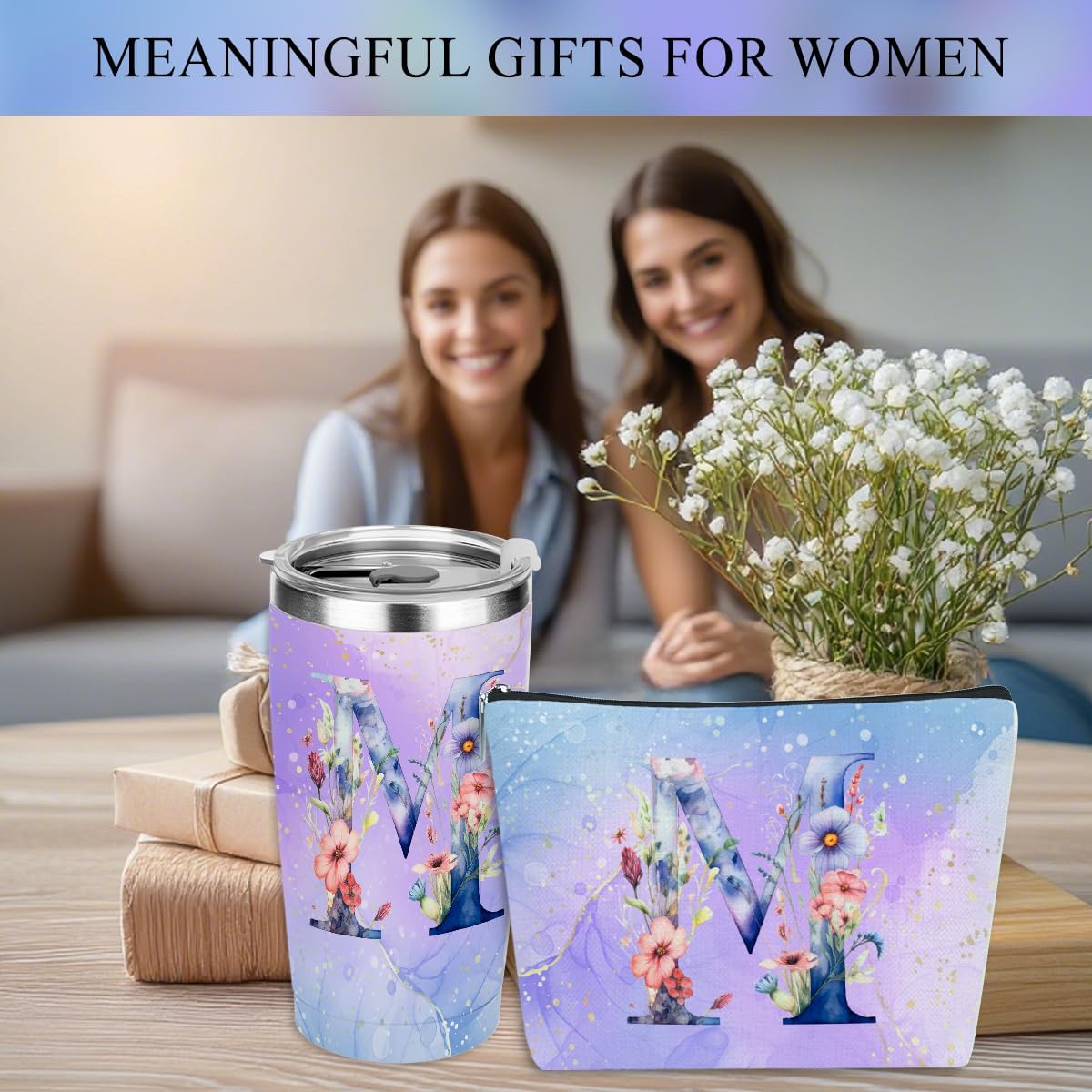 Personalized Gifts Monogrammed Birthday Gifts for Women, Cowerker Wife Sister Wedding Christmas Initial 20 oz Tumbler, Makeup Bag Cup Ballpoint Pens Journal Notebook 6 Set, (Aesthetic Green Flower C)