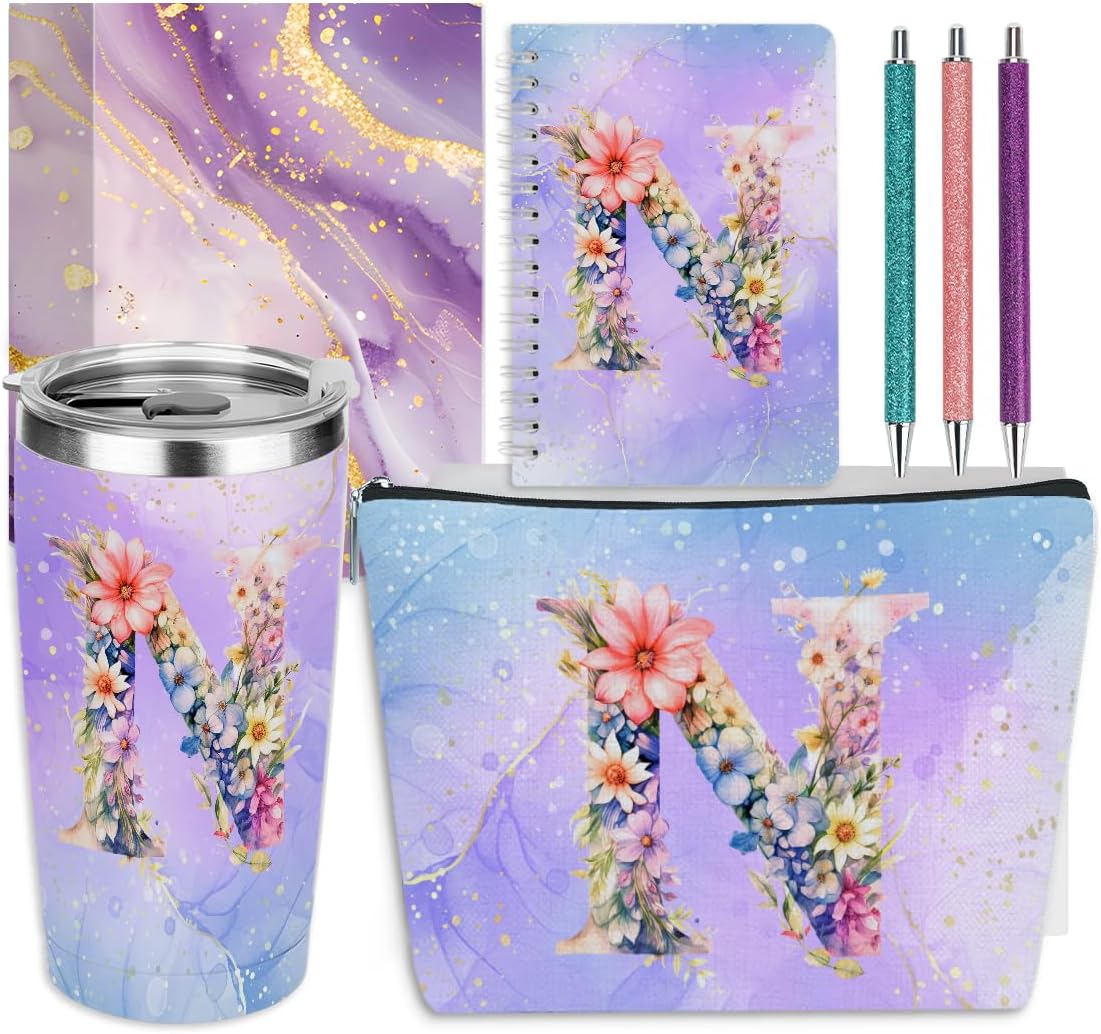 Personalized Gifts Monogrammed Birthday Gifts for Women, Cowerker Wife Sister Wedding Christmas Initial 20 oz Tumbler, Makeup Bag Cup Ballpoint Pens Journal Notebook 6 Set, (Aesthetic Green Flower C)