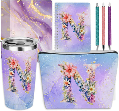 Personalized Gifts Monogrammed Birthday Gifts for Women, Cowerker Wife Sister Wedding Christmas Initial 20 oz Tumbler, Makeup Bag Cup Ballpoint Pens Journal Notebook 6 Set, (Aesthetic Green Flower C)
