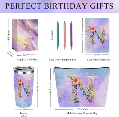 Personalized Gifts Monogrammed Birthday Gifts for Women, Cowerker Wife Sister Wedding Christmas Initial 20 oz Tumbler, Makeup Bag Cup Ballpoint Pens Journal Notebook 6 Set, (Aesthetic Green Flower C)