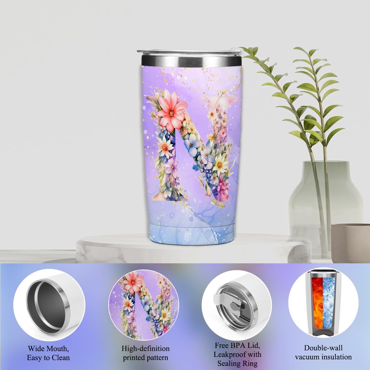 Personalized Gifts Monogrammed Birthday Gifts for Women, Cowerker Wife Sister Wedding Christmas Initial 20 oz Tumbler, Makeup Bag Cup Ballpoint Pens Journal Notebook 6 Set, (Aesthetic Green Flower C)