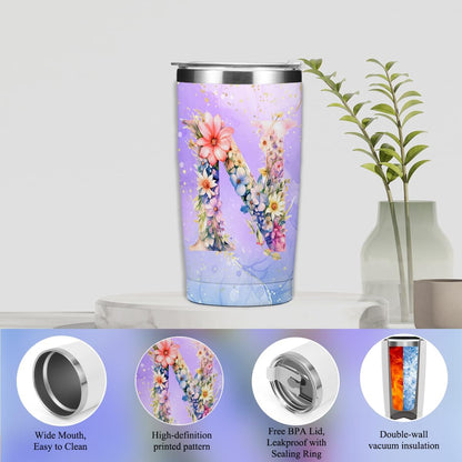 Personalized Gifts Monogrammed Birthday Gifts for Women, Cowerker Wife Sister Wedding Christmas Initial 20 oz Tumbler, Makeup Bag Cup Ballpoint Pens Journal Notebook 6 Set, (Aesthetic Green Flower C)