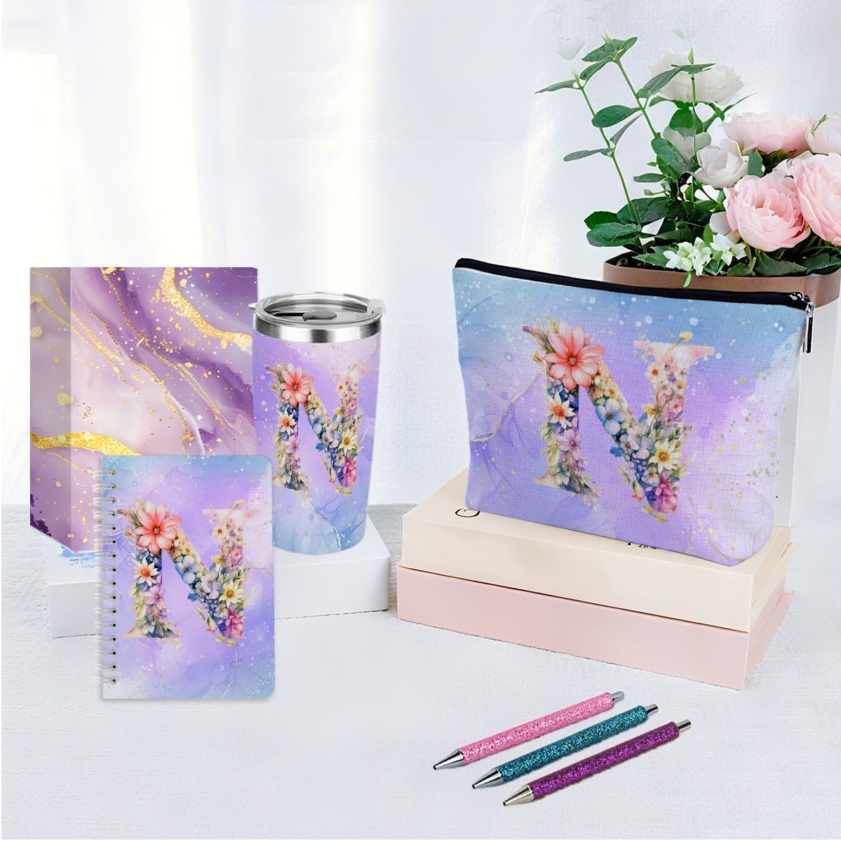 Personalized Gifts Monogrammed Birthday Gifts for Women, Cowerker Wife Sister Wedding Christmas Initial 20 oz Tumbler, Makeup Bag Cup Ballpoint Pens Journal Notebook 6 Set, (Aesthetic Green Flower C)