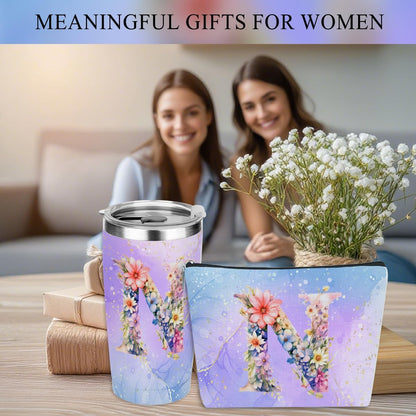 Personalized Gifts Monogrammed Birthday Gifts for Women, Cowerker Wife Sister Wedding Christmas Initial 20 oz Tumbler, Makeup Bag Cup Ballpoint Pens Journal Notebook 6 Set, (Aesthetic Green Flower C)