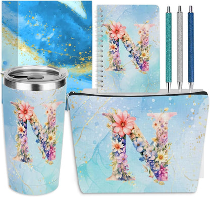 Personalized Gifts Monogrammed Birthday Gifts for Women, Cowerker Wife Sister Wedding Christmas Initial 20 oz Tumbler, Makeup Bag Cup Ballpoint Pens Journal Notebook 6 Set, (Aesthetic Green Flower C)