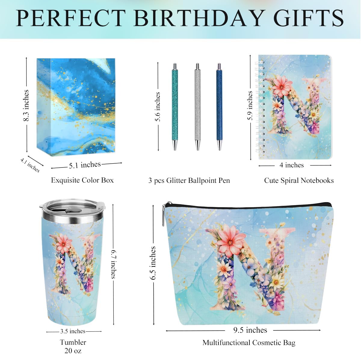 Personalized Gifts Monogrammed Birthday Gifts for Women, Cowerker Wife Sister Wedding Christmas Initial 20 oz Tumbler, Makeup Bag Cup Ballpoint Pens Journal Notebook 6 Set, (Aesthetic Green Flower C)