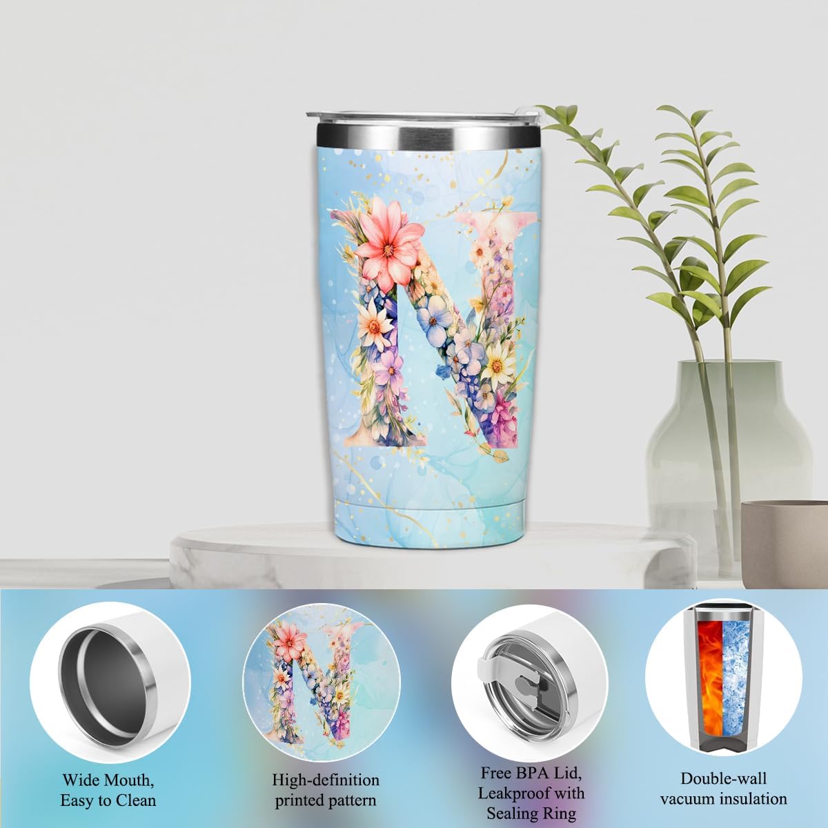 Personalized Gifts Monogrammed Birthday Gifts for Women, Cowerker Wife Sister Wedding Christmas Initial 20 oz Tumbler, Makeup Bag Cup Ballpoint Pens Journal Notebook 6 Set, (Aesthetic Green Flower C)