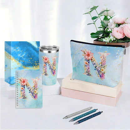 Personalized Gifts Monogrammed Birthday Gifts for Women, Cowerker Wife Sister Wedding Christmas Initial 20 oz Tumbler, Makeup Bag Cup Ballpoint Pens Journal Notebook 6 Set, (Aesthetic Green Flower C)