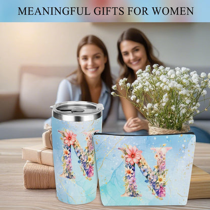 Personalized Gifts Monogrammed Birthday Gifts for Women, Cowerker Wife Sister Wedding Christmas Initial 20 oz Tumbler, Makeup Bag Cup Ballpoint Pens Journal Notebook 6 Set, (Aesthetic Green Flower C)