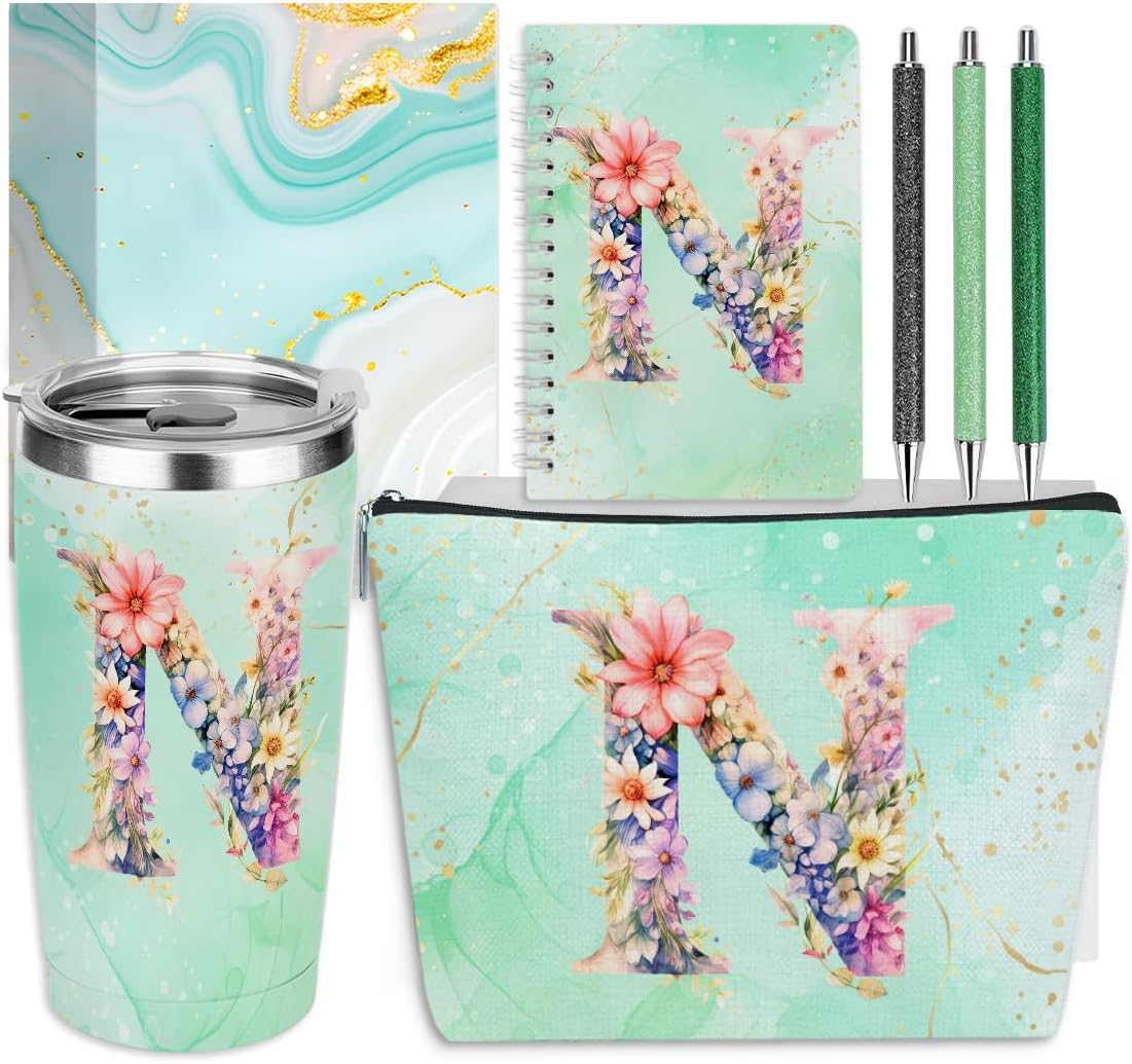 Personalized Gifts Monogrammed Birthday Gifts for Women, Cowerker Wife Sister Wedding Christmas Initial 20 oz Tumbler, Makeup Bag Cup Ballpoint Pens Journal Notebook 6 Set, (Aesthetic Green Flower C)