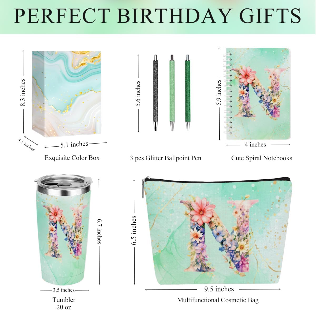 Personalized Gifts Monogrammed Birthday Gifts for Women, Cowerker Wife Sister Wedding Christmas Initial 20 oz Tumbler, Makeup Bag Cup Ballpoint Pens Journal Notebook 6 Set, (Aesthetic Green Flower C)