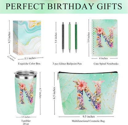 Personalized Gifts Monogrammed Birthday Gifts for Women, Cowerker Wife Sister Wedding Christmas Initial 20 oz Tumbler, Makeup Bag Cup Ballpoint Pens Journal Notebook 6 Set, (Aesthetic Green Flower C)