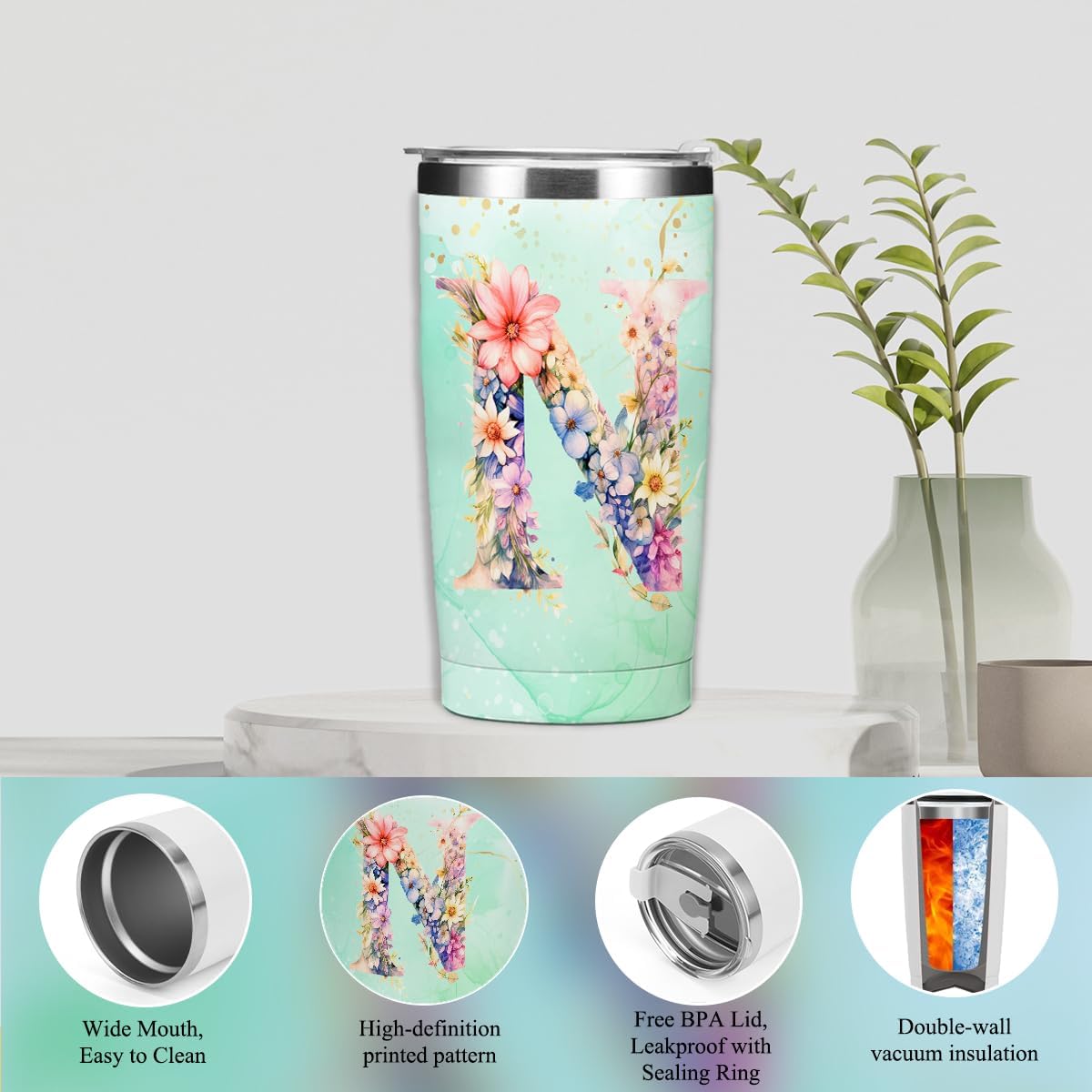 Personalized Gifts Monogrammed Birthday Gifts for Women, Cowerker Wife Sister Wedding Christmas Initial 20 oz Tumbler, Makeup Bag Cup Ballpoint Pens Journal Notebook 6 Set, (Aesthetic Green Flower C)