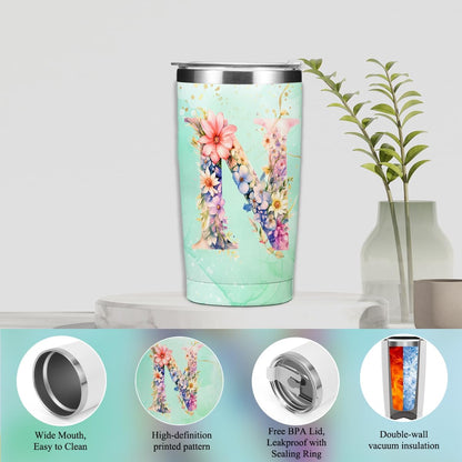 Personalized Gifts Monogrammed Birthday Gifts for Women, Cowerker Wife Sister Wedding Christmas Initial 20 oz Tumbler, Makeup Bag Cup Ballpoint Pens Journal Notebook 6 Set, (Aesthetic Green Flower C)
