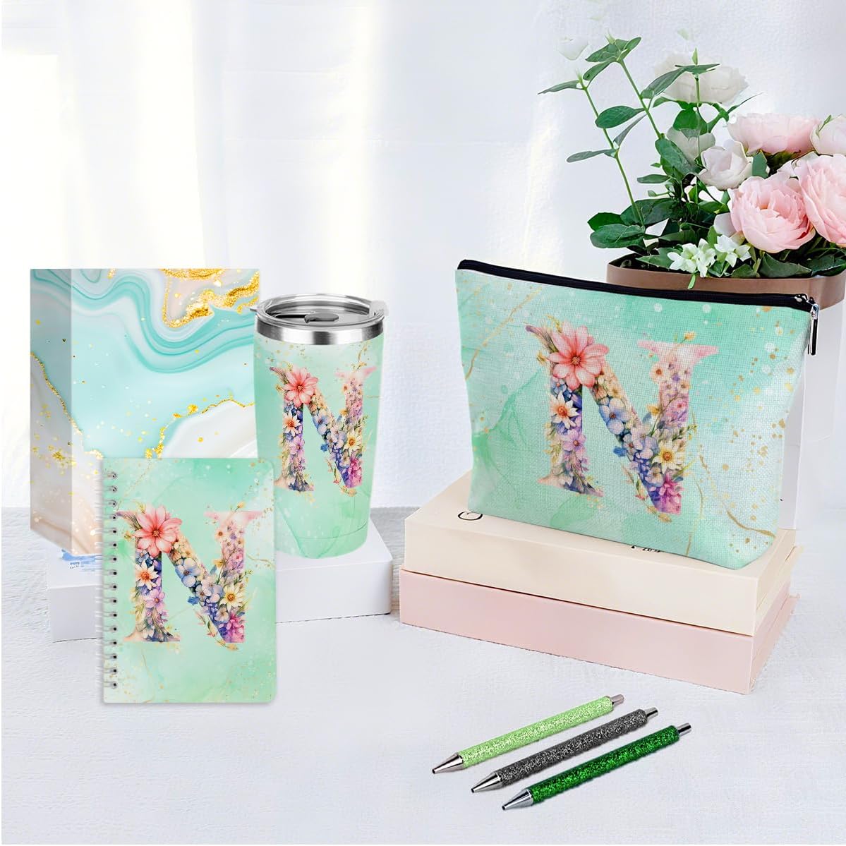 Personalized Gifts Monogrammed Birthday Gifts for Women, Cowerker Wife Sister Wedding Christmas Initial 20 oz Tumbler, Makeup Bag Cup Ballpoint Pens Journal Notebook 6 Set, (Aesthetic Green Flower C)