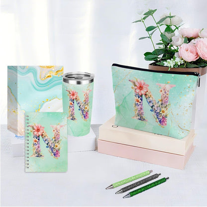 Personalized Gifts Monogrammed Birthday Gifts for Women, Cowerker Wife Sister Wedding Christmas Initial 20 oz Tumbler, Makeup Bag Cup Ballpoint Pens Journal Notebook 6 Set, (Aesthetic Green Flower C)