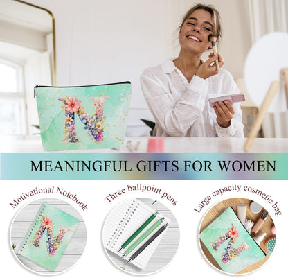 Personalized Gifts Monogrammed Birthday Gifts for Women, Cowerker Wife Sister Wedding Christmas Initial 20 oz Tumbler, Makeup Bag Cup Ballpoint Pens Journal Notebook 6 Set, (Aesthetic Green Flower C)
