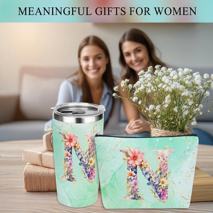 Personalized Gifts Monogrammed Birthday Gifts for Women, Cowerker Wife Sister Wedding Christmas Initial 20 oz Tumbler, Makeup Bag Cup Ballpoint Pens Journal Notebook 6 Set, (Aesthetic Green Flower C)