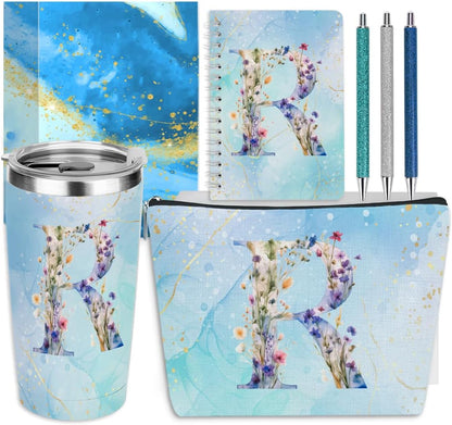 Personalized Gifts Monogrammed Birthday Gifts for Women, Cowerker Wife Sister Wedding Christmas Initial 20 oz Tumbler, Makeup Bag Cup Ballpoint Pens Journal Notebook 6 Set, (Aesthetic Green Flower C)