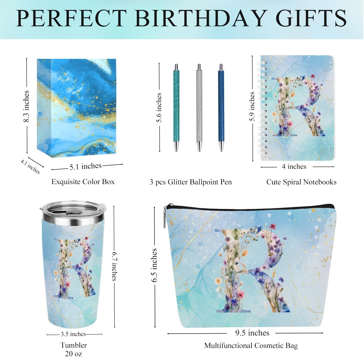 Personalized Gifts Monogrammed Birthday Gifts for Women, Cowerker Wife Sister Wedding Christmas Initial 20 oz Tumbler, Makeup Bag Cup Ballpoint Pens Journal Notebook 6 Set, (Aesthetic Green Flower C)