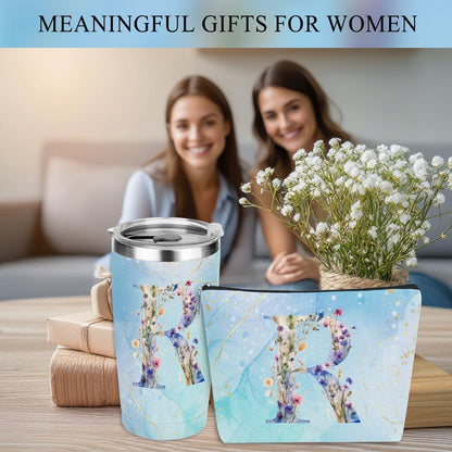 Personalized Gifts Monogrammed Birthday Gifts for Women, Cowerker Wife Sister Wedding Christmas Initial 20 oz Tumbler, Makeup Bag Cup Ballpoint Pens Journal Notebook 6 Set, (Aesthetic Green Flower C)