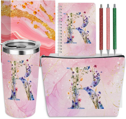 Personalized Gifts Monogrammed Birthday Gifts for Women, Cowerker Wife Sister Wedding Christmas Initial 20 oz Tumbler, Makeup Bag Cup Ballpoint Pens Journal Notebook 6 Set, (Aesthetic Green Flower C)