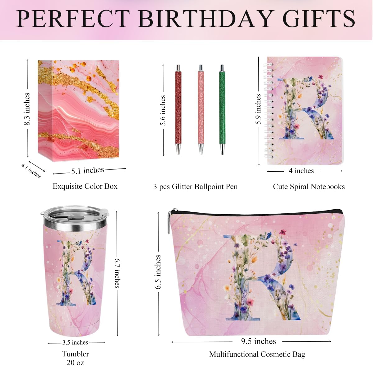 Personalized Gifts Monogrammed Birthday Gifts for Women, Cowerker Wife Sister Wedding Christmas Initial 20 oz Tumbler, Makeup Bag Cup Ballpoint Pens Journal Notebook 6 Set, (Aesthetic Green Flower C)