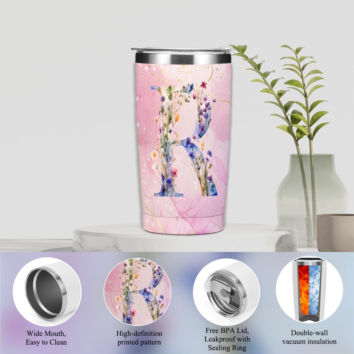 Personalized Gifts Monogrammed Birthday Gifts for Women, Cowerker Wife Sister Wedding Christmas Initial 20 oz Tumbler, Makeup Bag Cup Ballpoint Pens Journal Notebook 6 Set, (Aesthetic Green Flower C)