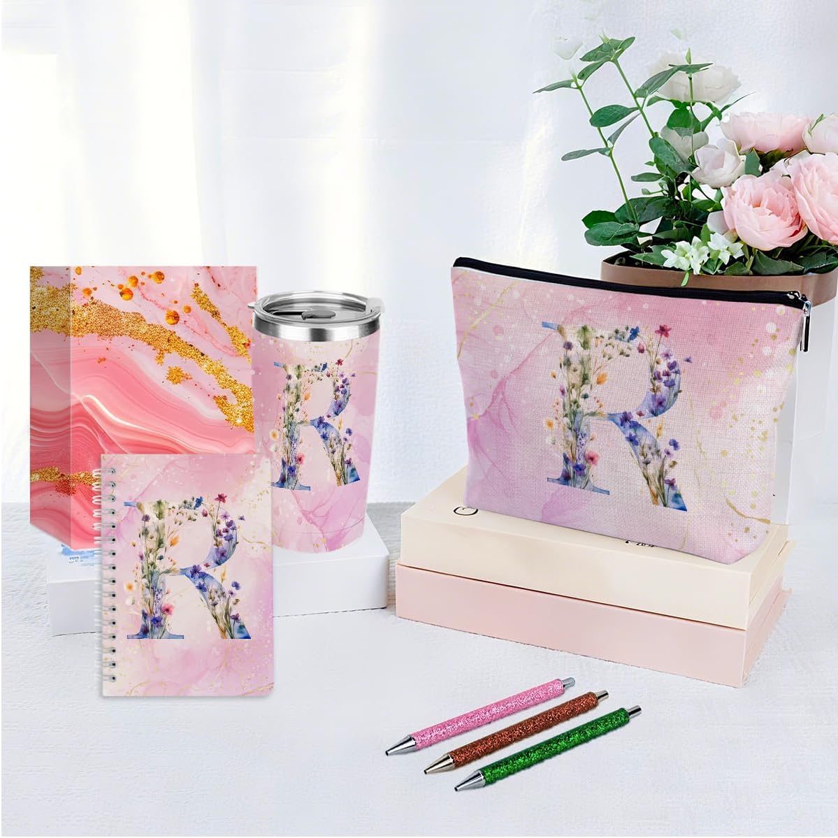 Personalized Gifts Monogrammed Birthday Gifts for Women, Cowerker Wife Sister Wedding Christmas Initial 20 oz Tumbler, Makeup Bag Cup Ballpoint Pens Journal Notebook 6 Set, (Aesthetic Green Flower C)
