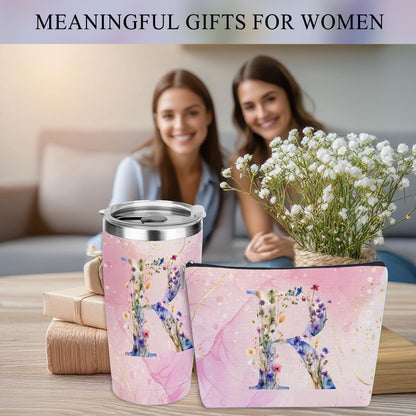 Personalized Gifts Monogrammed Birthday Gifts for Women, Cowerker Wife Sister Wedding Christmas Initial 20 oz Tumbler, Makeup Bag Cup Ballpoint Pens Journal Notebook 6 Set, (Aesthetic Green Flower C)
