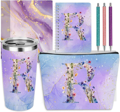 Personalized Gifts Monogrammed Birthday Gifts for Women, Cowerker Wife Sister Wedding Christmas Initial 20 oz Tumbler, Makeup Bag Cup Ballpoint Pens Journal Notebook 6 Set, (Aesthetic Green Flower C)
