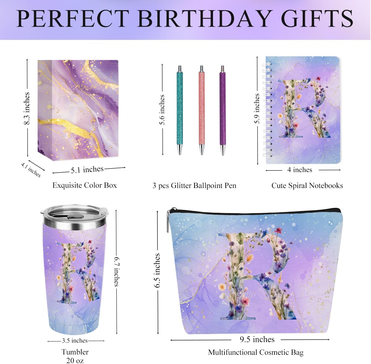Personalized Gifts Monogrammed Birthday Gifts for Women, Cowerker Wife Sister Wedding Christmas Initial 20 oz Tumbler, Makeup Bag Cup Ballpoint Pens Journal Notebook 6 Set, (Aesthetic Green Flower C)