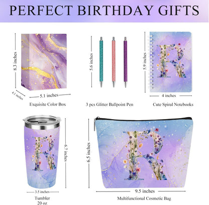 Personalized Gifts Monogrammed Birthday Gifts for Women, Cowerker Wife Sister Wedding Christmas Initial 20 oz Tumbler, Makeup Bag Cup Ballpoint Pens Journal Notebook 6 Set, (Aesthetic Green Flower C)