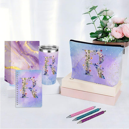 Personalized Gifts Monogrammed Birthday Gifts for Women, Cowerker Wife Sister Wedding Christmas Initial 20 oz Tumbler, Makeup Bag Cup Ballpoint Pens Journal Notebook 6 Set, (Aesthetic Green Flower C)