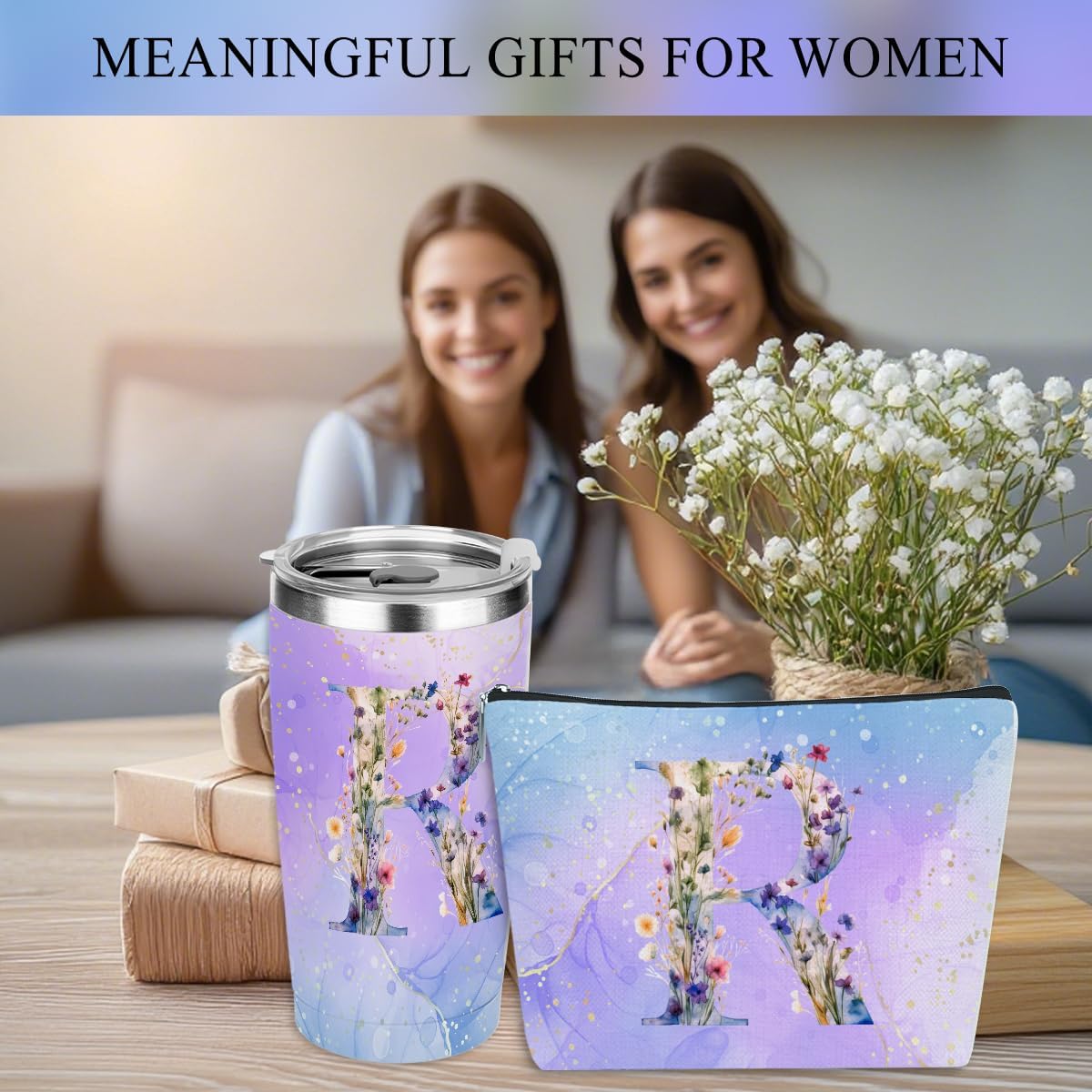 Personalized Gifts Monogrammed Birthday Gifts for Women, Cowerker Wife Sister Wedding Christmas Initial 20 oz Tumbler, Makeup Bag Cup Ballpoint Pens Journal Notebook 6 Set, (Aesthetic Green Flower C)