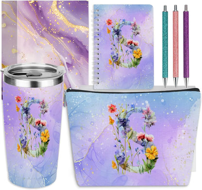 Personalized Gifts Monogrammed Birthday Gifts for Women, Cowerker Wife Sister Wedding Christmas Initial 20 oz Tumbler, Makeup Bag Cup Ballpoint Pens Journal Notebook 6 Set, (Aesthetic Green Flower C)