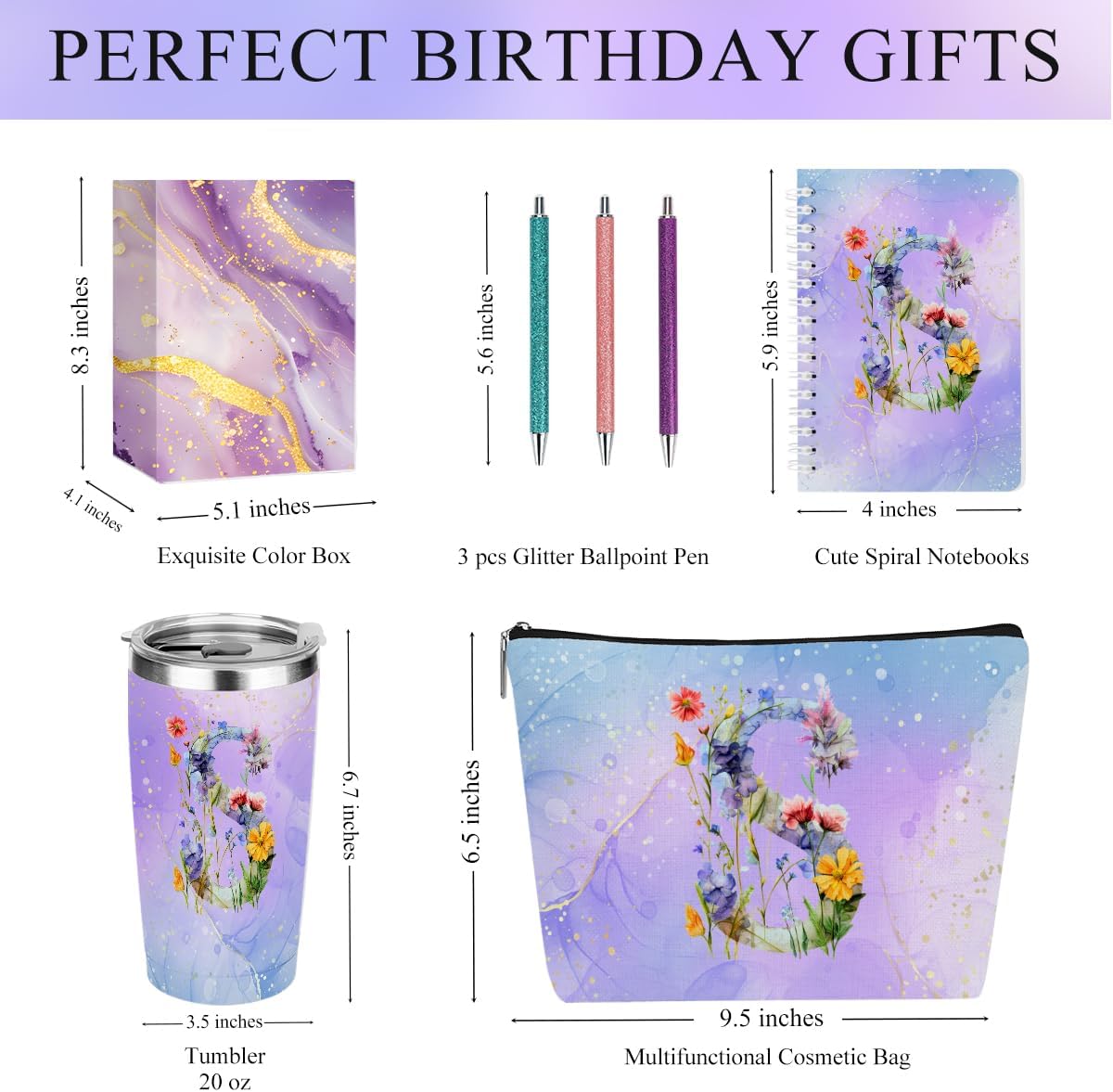 Personalized Gifts Monogrammed Birthday Gifts for Women, Cowerker Wife Sister Wedding Christmas Initial 20 oz Tumbler, Makeup Bag Cup Ballpoint Pens Journal Notebook 6 Set, (Aesthetic Green Flower C)