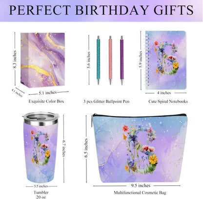 Personalized Gifts Monogrammed Birthday Gifts for Women, Cowerker Wife Sister Wedding Christmas Initial 20 oz Tumbler, Makeup Bag Cup Ballpoint Pens Journal Notebook 6 Set, (Aesthetic Green Flower C)