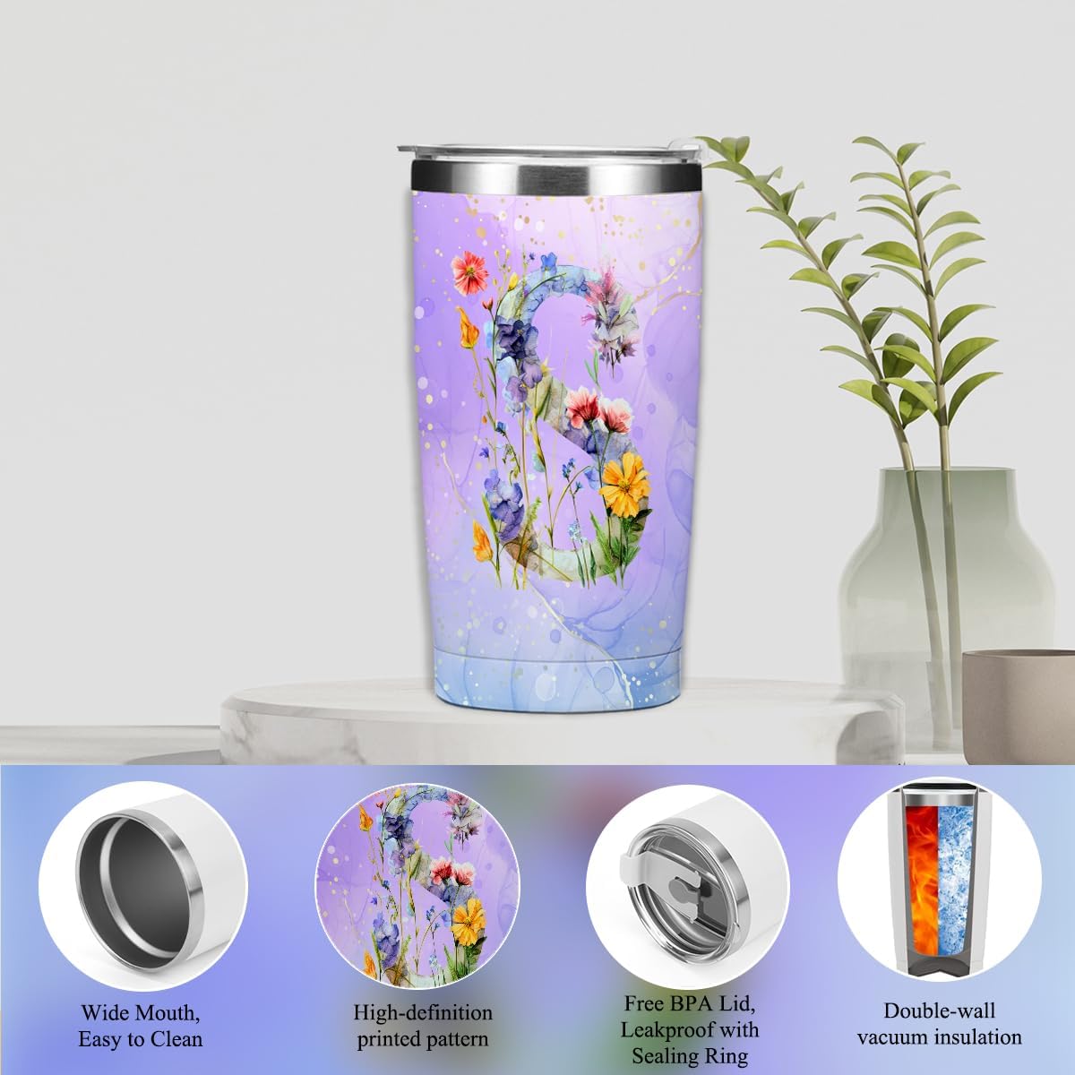 Personalized Gifts Monogrammed Birthday Gifts for Women, Cowerker Wife Sister Wedding Christmas Initial 20 oz Tumbler, Makeup Bag Cup Ballpoint Pens Journal Notebook 6 Set, (Aesthetic Green Flower C)
