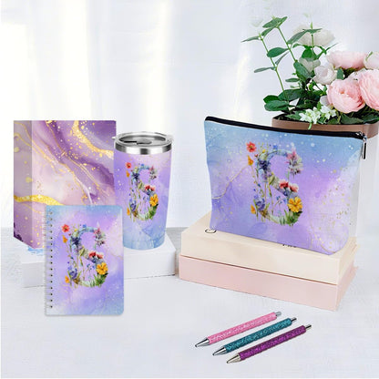 Personalized Gifts Monogrammed Birthday Gifts for Women, Cowerker Wife Sister Wedding Christmas Initial 20 oz Tumbler, Makeup Bag Cup Ballpoint Pens Journal Notebook 6 Set, (Aesthetic Green Flower C)