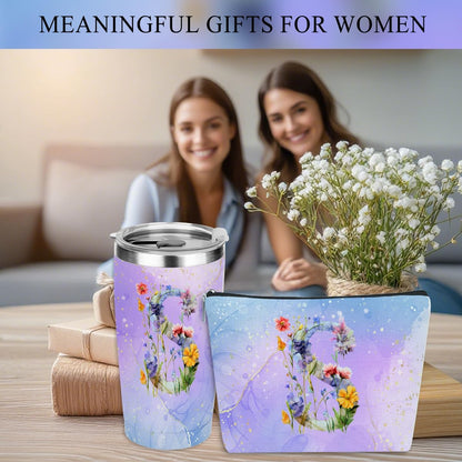 Personalized Gifts Monogrammed Birthday Gifts for Women, Cowerker Wife Sister Wedding Christmas Initial 20 oz Tumbler, Makeup Bag Cup Ballpoint Pens Journal Notebook 6 Set, (Aesthetic Green Flower C)