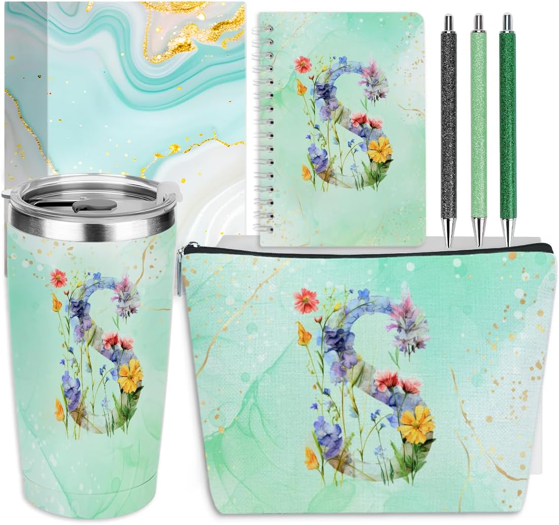 Personalized Gifts Monogrammed Birthday Gifts for Women, Cowerker Wife Sister Wedding Christmas Initial 20 oz Tumbler, Makeup Bag Cup Ballpoint Pens Journal Notebook 6 Set, (Aesthetic Green Flower C)