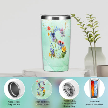 Personalized Gifts Monogrammed Birthday Gifts for Women, Cowerker Wife Sister Wedding Christmas Initial 20 oz Tumbler, Makeup Bag Cup Ballpoint Pens Journal Notebook 6 Set, (Aesthetic Green Flower C)