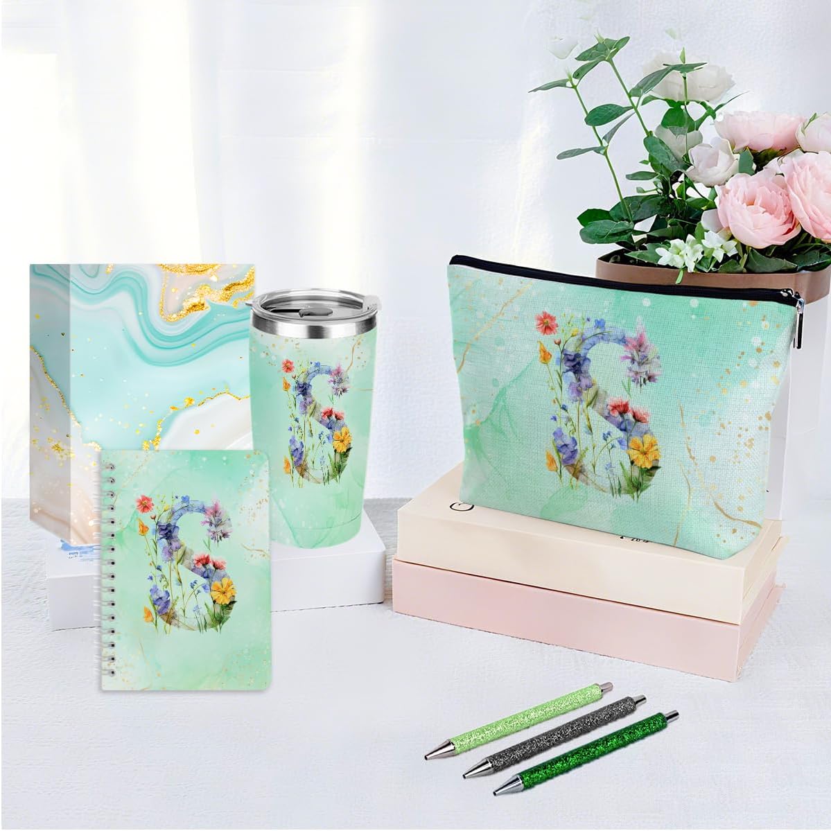 Personalized Gifts Monogrammed Birthday Gifts for Women, Cowerker Wife Sister Wedding Christmas Initial 20 oz Tumbler, Makeup Bag Cup Ballpoint Pens Journal Notebook 6 Set, (Aesthetic Green Flower C)